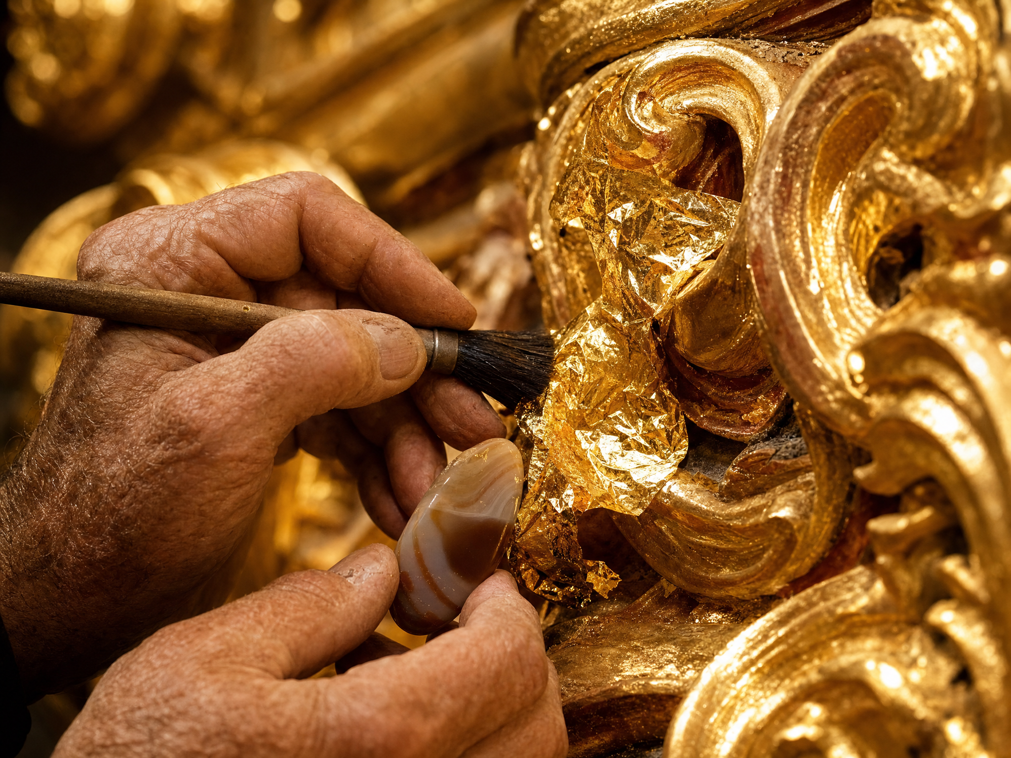 Hände tragen feines Blattgold auf eine barocke Kirchenverzierung auf
